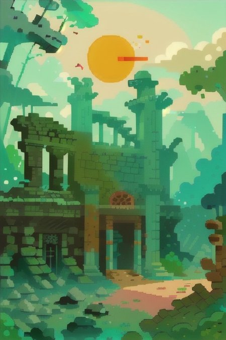 Annimals, Frog, Housses ruins, Villages ruins, Lianas, Sun light, autumn colors, Casttle, ruins, trees, one girl, 1girl, ,ruins sky,aqua background,Rich colors, white clouds, 
color,Flat style, forest,(Masterpiece),(best quality),<lora:Landscape illustration:0.7>,
