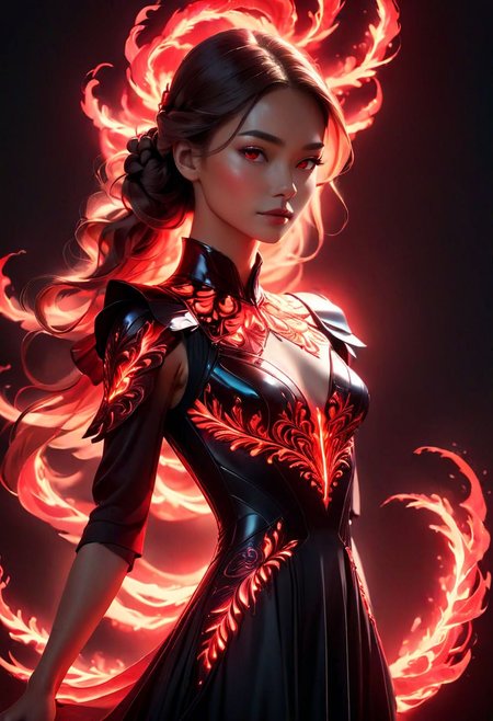 a woman in a black dress with red light on her face, glowing red, red and cinematic lighting, red glowing skin, red glow, cinematic red lighting, darkness aura red light, 3 d neon art of a womens body, red neon, red on black, detailed red lighting, with glowing red eyes, red lighting, dark glowing red aura