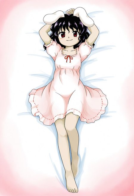 watercolor, aesthetic, colorful, jaggy lines, zun \(style\), BREAK, 1girl, solo, (tewi inaba), short, small body, petite, laying, laying on bed, arms above head, alternate outfit, nightgown, looking at viewer, smile, smug, blushing, full body,