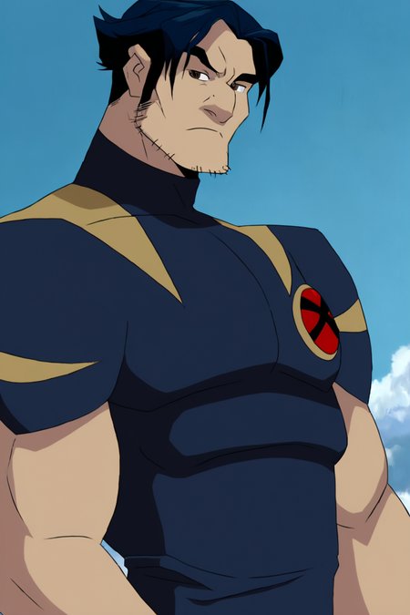 masterpiece, best quality, highres, newest, logan, xevosuit, 1boy, solo, male focus, mature male, short hair, dark blue hair, brown eyes, thick eyebrows, facial hair, stubble, sideburns, bodysuit, dark blue bodysuit, short sleeves, muscular, looking at viewer, standing, close-up, portrait, upper body, blue sky, cloud <lora:Wolverine (Logan) X-Men Evolution (Second Suit+Logan) v1.1 [LoRA] - NoobAI-XL EPS 1.0:0.8>