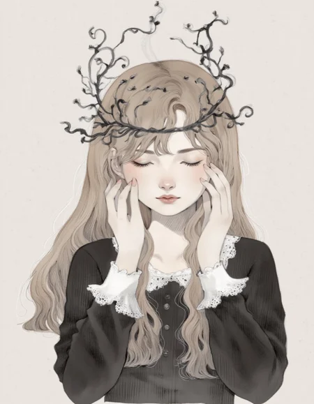 <lora:choffi:1>This image is a digital drawing in a delicate, soft pastel style, featuring a young woman with fair skin and long, light brown hair adorned with a black, intricately designed headpiece that resembles a crown. The headpiece is embellished with small, black, curling tendrils and features white lace-like details. The woman's eyes are closed, giving her a serene and contemplative expression. She has a gentle, almost delicate facial structure, with high cheekbones and a small, slightly upturned nose. Her lips are painted a muted, natural shade, and her eyebrows are thin and arched. She wears a long-sleeved black dress with white lace cuffs, which adds to the ethereal, vintage aesthetic of the artwork. Her hands are placed gently on either side of her face, with her fingers lightly touching her cheeks, suggesting a moment of introspection or reflection. The background is a muted, light gray color with a subtle, textured pattern, which complements the softness of the subject without detracting from her. The overall mood of the image is calm and introspective, with a touch of elegance and mystery.