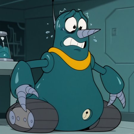 masterpiece, best quality, amazing quality, gr0und3r, male, solo, robot, tank-like, teal body, antennae, black eyes, pointy nose, yellow collar, drill hands, tracked wheels, backplate, nervous, scared, indoors, laboratory, fullbody