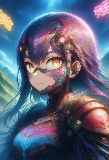 score_9, score_8_up, score_7_up, sfw, wm_cyber, 
delicate patterns, bright colors, vivid, full color, 
1girl, Nagatoro_Hayase, armor, warrior, close up, focus on face, 
outdoors, landscape, mountains, futuristic, cyber, neon lights, night, starry sky,