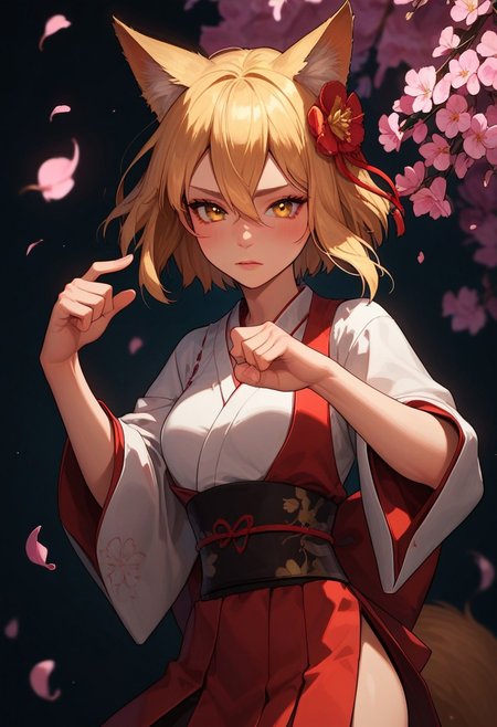 score_9_up, score_8_up, score_7_up, score_6_up, 1girl, 25 years old, perfect face, cute, petite, 
yellow eyes, fox girl, fox tail, 
blonde hair, animal ears, fox ears, animal ear fluff, hair ornament, hair flower, hair between eyes, short hair, 
miko, japanese clothes, ribbon mesh sleeves,
cherry blossoms,  depth of field 
kicking, kicking at viewer