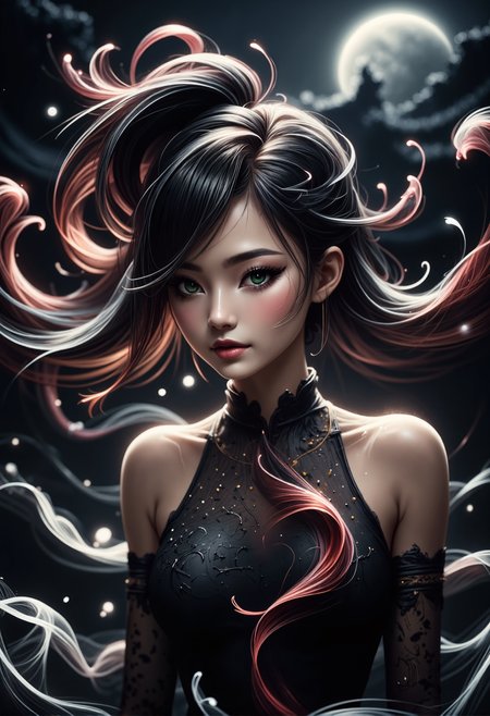 mad-wsps, xslx scribble, detailmaximizer. A medium close-up of a stunning young Asian woman, captured from her shoulders up as she gracefully dances under the full moon. Her delicate, smoky makeup enhances her deep green eyes, giving them an otherworldly glow, while the moonlight accentuates the red shimmer in her deep black hair. Her hair is styled in a traditional Chinese manner, with part of it pinned up and the rest flowing freely. The ornate details of her black dress, adorned with subtle white embroidery along the collar and sleeves, are visible. Behind her, the decorative eaves of the palace rooftop are highlighted by the soft moonlight, adding to the spiritual and mystical atmosphere., <lora:RealisticAnimeFlux_v2.safetensors:1.0:1.0> <lora:Wisps_of_Light_FLUX.safetensors:0.8:0.8> <lora:scribble-flux-v1.safetensors:1.0:1.0> <lora:aidmaImageUpgrader-FLUX-V0.1.safetensors:0.5:0.5>
