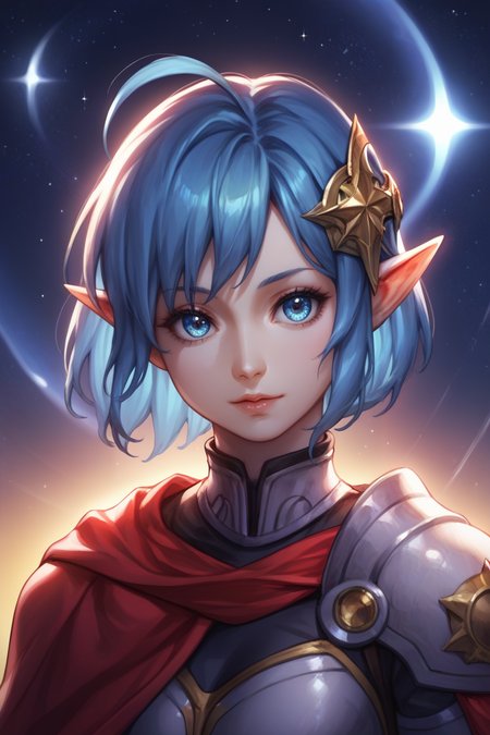 score_9, score_8_up, score_7_up, score_6_up, star ocean, 1girl, rena lanford, ahoge, armor, [blue:opal:0.5] eyes, blue hair, cape, hair ornament, pleated skirt, pointy ears, short hair, beautiful detailed eyes, from above, upper body, (close-up:1.2), space, star \(sky\), spiral galaxy, portrait, official wallpaper, backlighting, <lora:yukihiro_kajimoto_so2r_pony:0.8> <lora:IOS_Iridescent_opal_style:0.8>, <lora:Calmlike V3.457:1> calmfd