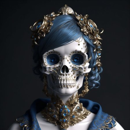 <lora:porcelain_gzhel:1.0>,  (porcelain, Gzhel, rococo:1.0), 1girl, blue eyes, blue hair, dress, hair ornament, hair rings, hair stick, highres, shawl, short hair, skull, solo
