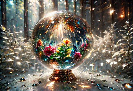 Magic orb, cosmic orb, universe orb, Galactic orb, mystery mystic orb, made of color glass rainbow, crystal diamond shape stained glass,  gold and diamond support, crystal pedestal, 
Made of stained glass, metallic chrome, brass, copper, pearlescent, reflective, diamond, titanium, crystal, sapphire, ruby, Emerald
Depth of field, HDR, focus, wet floor
Water drop, splash, fractal, 
ice snow flakes, flowers roses