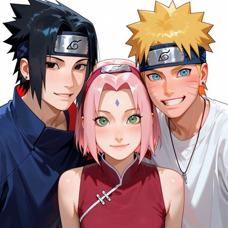 funksemstyle, 1girl, looking at viewer, smile, short hair, blue eyes, blonde hair, shirt, black hair, hair ornament, dress, jewelry, green eyes, jacket, pink hair, , choker, hairclip, 2boys, necklace, grin, black eyes, headband, facial mark, piercing, forehead protector, haruno sakura, uzumaki naruto, uchiha sasuke