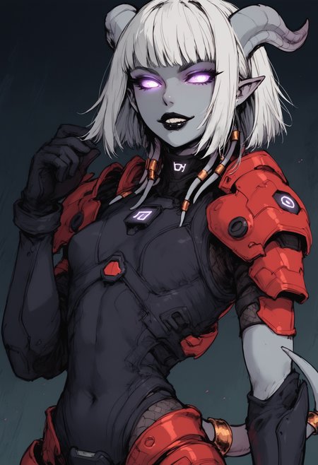 score_9, score_8_up, score_7_up, solo, dutch angle, close up, fully clothed,
1girl, curvy figure, white hair, bangs, chaotic bob cut, flat breasts, black lipstick, draenei, gray skin, horns, pointy ears, colored sclera, purple glowing eyes, colored skin, tail, tail ornament,
smirk, 
futuristic, scifi, red armor, gloves, technology, glowing, neon, holographic display, 
<lora:g0th1cPXL:0.5>, <lora:Sinozick_Style_XL_Pony:0.8>, <lora:Expressive_H:0.3>, <lora:cutesexyronutts_style_xl:0.8>, <lora:Black_souls_style:0.8>,