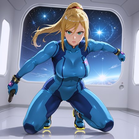 takeda hiromitsu style, source_anime, anime screencap, uncensored, dynamic angle, dynamic view, takeda hiromitsu style, dynamic pose, foreshortening, extreme perspective,
sole female, solo, 1girl, samus aran, blonde hair, swept bangs, long hair, ponytail, mole under left lip, turquoise eyes, zero suite, blue body suit, blue gloves, metal bracelets, sagging breasts, medium breasts, skintight, fully dressed, action pose, dynamic pose, determined, superhero landing, dynamic pose, holding gun, complex background, detailed background, inside giant spacecraft, outer space in window, multiple galaxies in the background, giant view of space, giant window with a view of space, view of planets, view of stars, depth of field, blurry background, volumetric lighting, back lighting, side lighting, 3 point lighting, reflective floor, glossy floor, reflective interior,
<lora:takeda_hiromitsu_style_xl_goofy:1.0>, <lora:DynamicPose_alpha1.0_rank4_noxattn_100steps:3.0>, <lora:Superhero_landing:0.5>