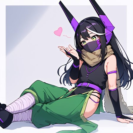 <lora:pixgkb:1> solo, p1x, streaked hair, black hair, green eyes, mouth mask, green pelvic curtain, two-tone pants, brown scarf, sleeveless black shirt, purple belt, purple jewelry, black bridal gauntlets, robot ears, bandaged legs, black shoes,
 <lora:FrierenBlowingKissMeme_XLPD:0.8> IncrsBlowingKiss, heart, blowing kiss