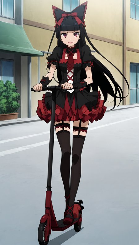 score_9, score_8_up, score_7_up, score_6_up, source_anime, high res, anime coloring, anime screencap,1girl,solo,full body,from front<lora:Scooter_Illustrious:0.7>Scooter,stand on Scooter,(looking at viewer,smile),modern town,Speed,wind <lora:(Illustrious)GATE_RoryMercury_IlluXL:1> hime cut, long hair, blunt bangs, black hair, multicolored eyes, lips,hair bow, multicolored dress, frilled dress, cross-laced dress, red necktie, puffy short sleeves, ribbon trim, black arm warmers, layered skirt, frilled skirt, garter straps, thigh strap, black thighhighs