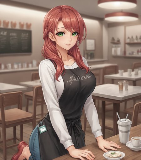 score_9, score_8_up, score_7_up, score_6_up, score_5_up, score_4_up, BREAK source_anime,
1girl, solo,   <lora:Paulette:0.9>, Paulette, red hair, long hair, green eyes, large breasts, white shirt, blue pants, black apron, red shoes,,   
looking at viewer, gentle smile, indoors, inside restaurant,  upper body, depth of field,
<lora:Racoonkun_Artist_Style:0.6>, racoonsan,,