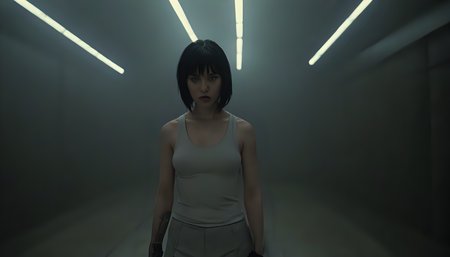 Motoko Kusanagi in Blade Runner 1982, neo noir, cyberpunk, cinema still medium shot 8k, wearing school uniform