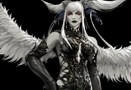 score_9, score_8_up, score_7_up, score_6_up, (haaru),
concept art, digital artwork, highly detailed, sharp focus, 
1girl, ffulti, 
yellow eyes, white hair, horns, long hair, facial mark, large breasts, leg tattoo
lipstick, earrings, necklace, feather trim, red dress, side slit, fur trim, plunging neckline, cleavage, navel, long dress, black wings,
confident, grin, hand on hip, looking at viewer,
1girl, Garuda,
head wings, monster girl, female, green lips, black feathers, large wings, fingernails, multiple wings, feathered wings, black body, yellow eyes, claws, feathers, armor,
Smirk, challenging look, hands under chest, looking at viewer,
1girl, omega_f,
colored skin, gray skin, pale skin, white hair, long hair, ponytail, sidelocks, pink eyes,
black bodysuit, silver trim, earrings, bare shoulders, elbow gloves, hip vents, black ribbon on waist, ribbon on back, heelboots,
Serious, neutral, looking at viewer,
1girl, yotsuyu_ff14,
long hair, black_hair, japanese clothes, (mole_under_mouth:0.8), straight_hair, hime_cut, pale yellow eyes,
smoking pipe in hand, bored, looking at viewer,
monochrome, black background,