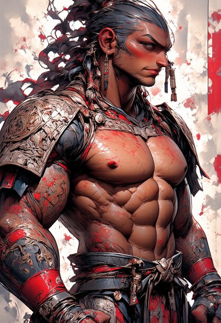 oil painting, rough, textural, broad brush strokes, portrait of the most sexy Japanese samurai woman, chest focus, best quality, masterpiece, 8k, highly detailed, beautiful,  red lips, wear red and white traditional armour, (armour:1.5), (huge breasts: 2.0), Slicked-back long hair, sidelocks, long mismatched earrings, with a katana in hand, mythp0rt,