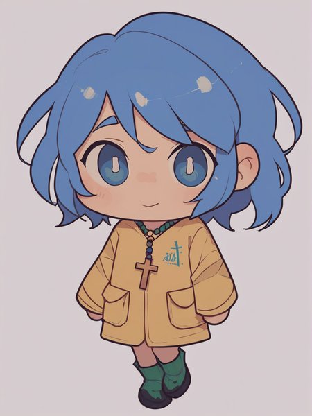 score_9, score_8_up, score_7_up, score_anime, uncensored, BREAK white background, <lora:Luce_PDXLv0-000007:0.8> 1girl, luce, cross necklace, yellow raincoat, <lora:SKNL_Chibi_XL:1> sknl chibi, blue hair, green rubber boots