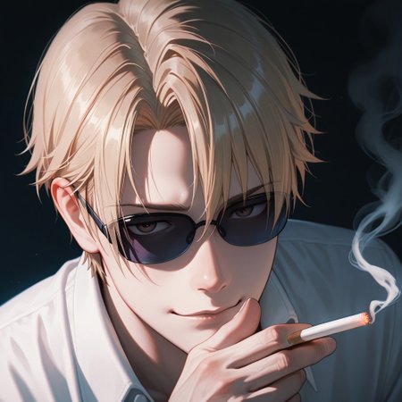 masterpiece, best quality, amazing quality, absurdres, newest, detailed background, definition so sharp, Ultra-HD, 8K cinematic, very awa, impressionate, amazing quality, highres, 
solo, male focus, manly, 
1boy, short hair, izumo_blonde, izumo_brown eyes, izumokusanagi, sunglasses \(on face\), holding cigarette, smoke, intricate smoke, ethereal, soft light, dark background, slight smirk, alluring, pensive, calm, cool colors, blue light, close up, thoughtful expression,