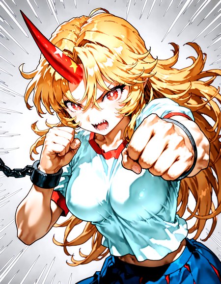 munakata_(sekimizu_kazuki):1.2,mogudan:0.8, hamada_yoshikazu ,toriyama_akira_(style) ,touhou ,hoshiguma_yuugi , highres ,1girl ,black_skirt, blonde_hair, breasts ,bright_pupils ,clenched_hands ,cuffs ,emphasis_lines, grey_background ,horns, incoming_attack, long_hair ,looking_at_viewer, medium_breasts, open_mouth, punching ,red_eyes ,red_horns, shackles ,sharp_teeth ,shirt, short_sleeves ,simple_background ,single_horn ,skirt solo, star_(symbol), teeth, upper_body ,white_shirt, messy_hair ,<lora:touhou_146:0.5>,<lora:illustrious_noobai_epsilon_pred_1_best_quality_v1:0.7> ,<lora:illustrious_noobai_epsilon_pred_1_masterpieces_v1:0.7>, <lora:ponyv4_noob1_2_adamW:0.5>,