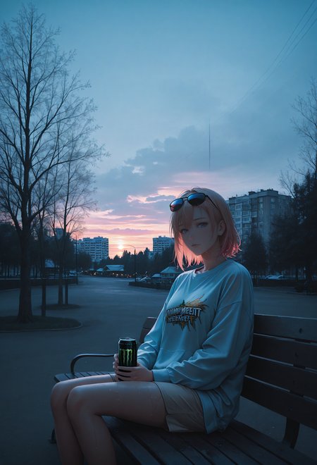 night shot of golden hour shot of blue hour shot of (masterpiece), (best quality), (ultra-detailed), looking at viewer, (muscular legs:0.9),
<lora:dark_v1.9-pony:0.9> dark theme,<lora:NOOB_vp1_detailer_by_volnovik_v1:1.4>  <lora:ebenya:0.8> ebenya, building, outdoors, city, rainy day in a small Russian town,  overcast weather, wet trees,  tree,   a young woman sitting on a park bench on a sunny summer day, drinking a can of Monster Energy, casual and relaxed outfit, sunglasses resting on her head, green trees and blue sky in the background, a warm and vibrant atmosphere, a sense of carefree energy, detailed textures, realistic lighting, 4k, ultra-detailed, cinematic composition, vibrant colors, a mix of modern and natural elements, a moment of youthful enjoyment. Cool light, twilight, peaceful, moody. Warm light, sunset/sunrise, magical, serene. Dark, lit, moody, mysterious