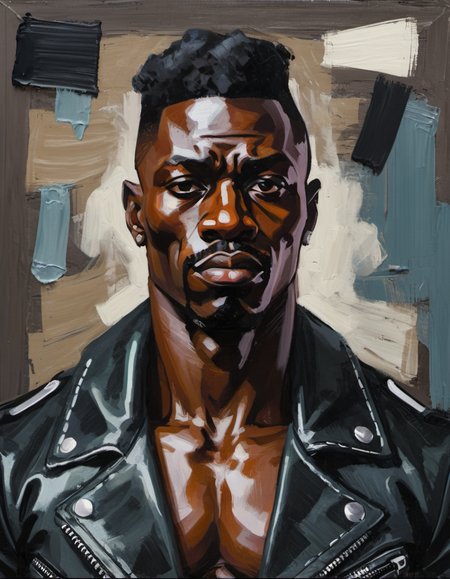 surreal painting, portrait of an Nigerian man, bodybuilder, wearing a leather jacket, dark theme, abstract painting background,  <lora:DiscoDeliriumXL-v1.2:0.9>