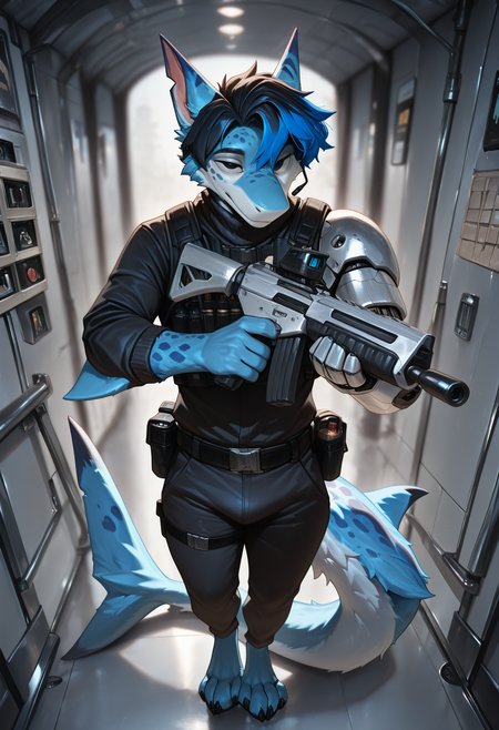photorealism, photorealistic, hi res, depth of field, detailed background, detailed fur, soft light, 
azuro_steelpaw, anthro, adult, 1boy, solo, male focus, furred shark, male, marine, furry male, single mechanical arm, silver mechanical arm, prosthesis, spots, looking at viewer, blue highlights, black hair, animal ears, black claws, azure fur, black eyes, belts, black clothing, black turtleneck with long sleeves, techwear, 
(masterpiece, best quality, very aesthetic, newest, 2024), (artist:syuro:0.8), (artist:nomax:0.5), (artist:honovy:0.6), (artist:kenket:0.6), (artist:taran fiddler:0.6), inside, wearing headset, holding weapon, holds assault rifle, (assault rifle:1.15), aiming, walking, ops, attentive, half-selected eyes, shooting, gunshot, explosives, 
 <lora:Azuro_Steelpaw_OC_Illustrious_2:1>