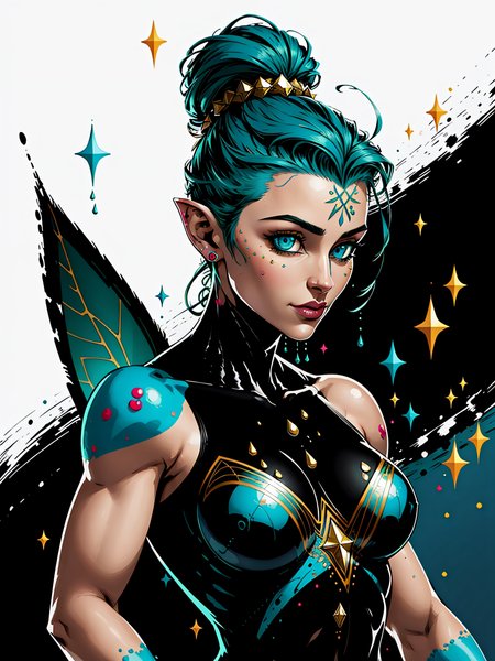 ((full torso)),(masterpiece, best quality:1.1), (realistic:0.69),((pxint)), a (fairy), ((detailed fairy wings:1.05)), spiked hair shaved sides and braids, (1girl:1.05), solo, (pointed ears), soft smile, beautiful lips, jewelry, tribal, ((detailed| stunning eyes)), whimsical, (beautiful), (attractive), (cute), looking to the side, droplets, (green) and gold, aqua, sparkle, (smile:0.3), particles, bubbles, patterns, flowing, with a splash of paint, multicolored, intricate,  splash!, (style-paintmagic:0.42), (good proportions), (good anatomy), (good design, highest quality, award winning, masterwork, masterpiece:1.2), (abstract:0.9)  <lora:abstractPortraits_v1:1.1> (mature adult:0.8),