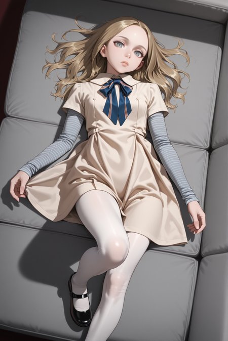 masterpiece, best quality, absurdres, highres,indoor,from above
<lora:m3gan_ill_v1.3:1> 1girl,m3gan, grey eyes,(thick lips:0.8),expressionless,striped long sleeves, dress, long hair, white pantyhose,black footwear,mary janes,looking at viewer,lying,the pose