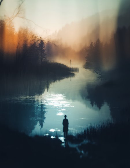 poetic photography, surreal abstraction, soft focus, deep shadows, luminous highlights, dreamlike landscapes, symbolic imagery, lyrical surrealism, rich tonal range, water reflections, solitary figures, atmospheric mood, ephemeral memory, introspective compositions