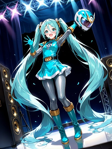 masterpiece, best quality, amazing quality, very aesthetic, absurdres, newest, , full body, panorama, 
1girl, very sweaty, blush, singing, arm waving, helmet, aqua helmet, holding helmet, joyful expression, dutch angle, good_hands, , 
sentaikageblue, absurdly long hair, aqua hair, twintails, hair ornament, sidelocks, hair between eyes, parted bangs, aqua eyes, detailed face, detailed hair, detailed facial features, , shiny clothes, spandex, silver bodysuit, fishnet bodysuit, bodysuit under clothes, aqua dress, shoulder pads, aqua skirt, black belt, aqua gloves, boots, aqua footwear, colored shoe soles, detailed body, , 
indoors, on stage, sound facility, microphone, stage lighting, perfect lights, high quality, <lora:spo_sdxl_10ep_4k-data_lora_webui:1>,<lora:pony_good_hands:0.9>,<lora:Hatsune Miku(voi)-Pony:1>,<lora:Kage_Blue:1>,<lora:offset_0.2:0.3>