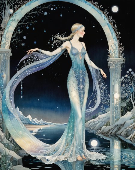 woman wearing scintillating long flowing iridescent prismatic dress,  elaborate arch made diamonds opals and jewels, water, reflections, moonlight, Kay Nielsen, <lora:add-detail-xl:0.75> <lora:xl_more_art-full_v1:0.5>