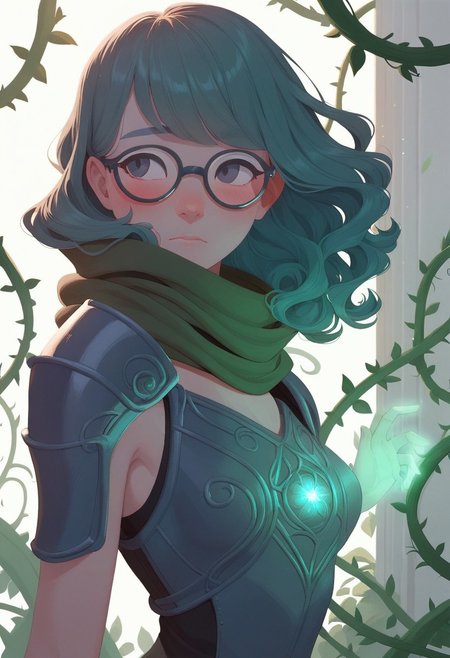 score_9, score_8_up, score_7_up, score_6_up, CMRNM, 1girl, beautiful, green hair, long wavy hair, bangs, glasses, fair skin, small breasts, scarf, leather armor, plant magic, vines, arm raised, casting spell, glowing magic, glowing plants, twisting vines, patio, marble columns, dappled sunlight, upper body, shy, blushing, focused