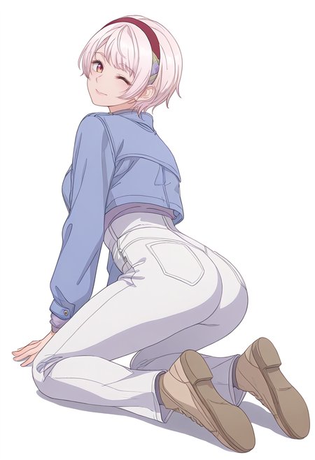 Smooth Quality,masterpiece,beautiful aesthetic, very intricate, high quality details, ultra realistic, high detailed skin,
simple background, white background, 
one eye closed,from behind,kneeling, one hand on ground, reaching forward, focused, tense,  ,
high-waist pants, ,cropped jacket, 
 <lora:Natsukawa_Renacnn:0.8> rena/cnn, 1girl, short hair,
