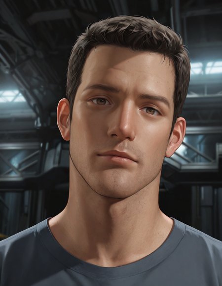 masterpiece, best quality, absurdres, newest, perfect quality, best quality, absolutely eye-catching, detailed background, intricate details, male focus, solo, realistic, <lora:Final Fantasy Spirits Within - Gray Edwards - Illustrious_1-000011:0.7>, g_edwards, 1boy, mature male, black hair, very short hair, brown eyes, stubble, grey shirt, hangar, looking at viewer, portrait, flirty, head tilt