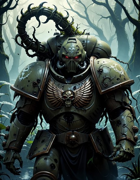 (photorealistic:1.2, Fujifilm XT3),A Plague corrupted horrible Space Marine, vile, a grotesque and twisted being who serves the Chaos God Nurgle, wading through a murky swamp. His armor, once shining and metallic, is now covered in a thick, suppurating slime that oozes from his pores. The Marine's form is distorted and grotesque, with bones and organs visible through his rotten flesh. His left arm ends in a misshapen mass of corrupted vile (tentacles), while his right hand clutches a massive, diseased-ridden bolter. The swamp around him is alive with putrid greenery, and the air is thick with the stench of decay. In the distance, a ruined temple can be seen, its walls covered in vines and moss. The Plague Marine's eyes glow with a malevolent light, and he seems to be drawn towards the temple, his mission clear: to spread the plague and devastation of Nurgle throughout the swamp. <lora:add-detail-xl:2> <lora:DonMD3m0nV31nsXL_v1.1-000009:0.8> DonMD3m0nV31nsXL, demonic, veins, bio, organic <lora:primaris_marine-knight_armor-000007:0.6> corrupted Knight armor, (masterpiece:1.2), (epic composition:1.4), (talent:1.2), ultra detailed, cinematic lighting, highly detailed, insanely detailed, (photorealistic:1.2), hdr, 8k, exquisite, sharp, elegant, ambient lighting, high quality, ,  <lora:takma2:0.1> <lora:ling1:0.1> ling1, cinematic shot, dynamic lighting, 75mm, Technicolor, Panavision, cinemascope, sharp focus, fine details, 8k, HDR, realism, realistic, key visual, film still, superb cinematic color grading, depth of field