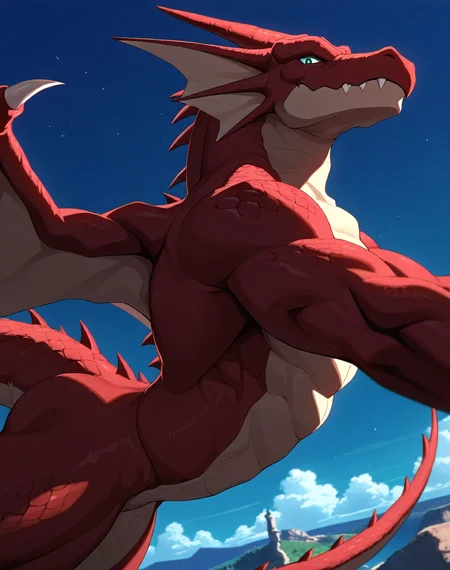 8K, In'ei, chiaroscuro, volumetric lighting, perfect depth of field shot, masterpiece, beautiful, sharp focus, crisp details, masterclass animation, source_anime, source_furry, furry_art, bara, kemono,
<lora:Pirate_Dragon_(Monster_Rancher)_(Illustrious)_(AD):1> Pirate_Dragon, Monster Rancher, dragon, 
exterior, blue green gradient sky with clouds, 
dynamic action, bent leg, dutch angle, cowboy shot, 
wings, glossy red skin, dragon scaled skin, ((handsome, dashing, looking directly at the viewer with a smile, dragon tail, sexy, seductive, slutty, arched back, playful, gay, ):1.5), 
EZRealPONYXL, zPDXL, Smooth Quality, lazynsfw,