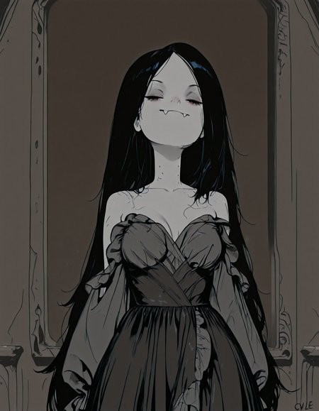 signature  best quality, amazing quality, very aesthetic, high resolution, ultra-detailed, absurdres, Sinozick_illu,gradient,spot color,in the style of cksc, cvle01, Smo0thL1nes, , beautiful portrait of marceline, , fangs, vampire, long hair, fangs out, bite mark, black eyes, colored skin, black hair, very long hair, grey skin, <lora:MarcelineIllustrious1.0JLFO:1>, frills, off shoulder, long sleeves, satin dress, bare shoulders, <lora:FrilledColdShoulderSatinDressILL:1>, large breasts, seductive, calm, seductive pose,, <lora:DetailedEyes_V3:1> <lora:Sinozick_style:0.6> <lora:cvle01_v2_32_ILLU01:0.8> <lora:iLLMythSmo0thL1nes:0.3> <lora:ck-shadow-circuit-IL:0.65>