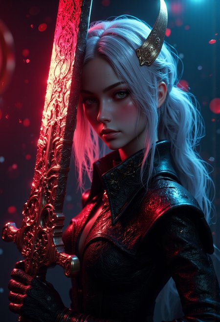 A dark and dramatic scene of Lady Maria, standing confidently in the center, her slender form draped in intricate detailed outfit. Her face is partially obscured by her silver hair, revealing only her cold, determined eyes. She wields a massive rune-etched greatsword, glowing faintly with a vibrant scarlet light, hovering just above her hand as if controlled by her sheer will. Her doll hands, gloved in ornate metallic designs, grip the sword’s hilt with deadly precision. The background is shrouded in darkness, accented by splashes of vivid neon reds, blues, and purples that create an otherworldly, chaotic atmosphere. The scene blends cyberpunk and dark fantasy aesthetics, emphasizing dramatic lighting, high contrast, and a shallow depth of field. Bokeh effects and film grain add a cinematic, moody quality to the shot, capturing PlainD0ll’s haunting beauty and deadly presence in stunning, highly detailed fashion. (maximum ultra high definition image quality and rendering:3), maximum image detail, maximum realistic render, (((ultra realist style))), realist side lighting, , 8K high definition, realist soft lighting, (amazing special effect:3.5)