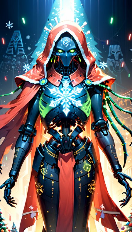 Snowflakes, AI Overlord Santa, necrons, wearing cape, artificial intelligence, overlord, absolute ruler, glowing led lights, glowing ancient hieroglyphs all over the body, extremely detailed beautiful multicolored glowing piercing eyes, Christmas, cinematic scene, scenery, epic awesome detailed background, masterpiece, best quality, high quality, absurdres, SimplePositiveXLv2 <lora:xl_more_art-full_v1:1> <lora:necrons_xl_v1:1> <lora:snowflakes_xl_v1:1>