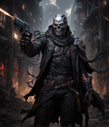 Create an image of a cybernetic humanoid assassin in a dark, dystopian setting. The figure should have a metallic skull with intricate mechanical details and a partially human-like appearance. It should be dressed in a long, black leather coat adorned with various cybernetic enhancements and accessories. (((The assassin is holding a futuristic pistol, aiming it with a cold, calculating expression at the camera))). The background should be dimly lit, emphasizing the assassin's menacing presence and highlighting the metallic and leather textures. The overall mood should be intense and foreboding, capturing the essence of a high-tech, dystopian world. (((detailed post-apocalyptic city background.)))