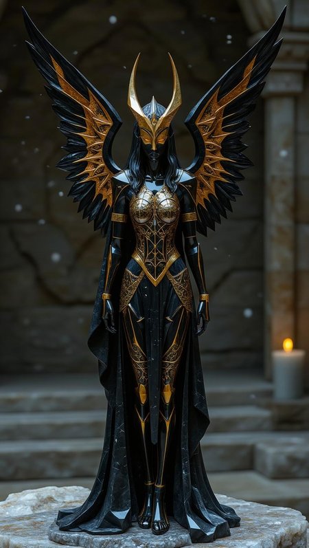 <lora:ck-polygon-gems-0019.safetensors:1> a crafted gemstone model in the style of cklg featuring a
In the hushed, echoing chamber of a forgotten temple, a sculptural masterpiece stands as a testament to the confluence of baroque-gothic artistry and ancient mysticism. Crafted from finely polished black metal, the figurine of a regal female warrior looms 10 inches tall, a visage of solemn grandeur. Her armor, once a vibrant tapestry of pink, gold, and white, has been reimagined in an intricate, golden filigree that adorns the dark, weighty surface. The golden embellishments shimmer with a luminous quality, as if illuminated by the warm, candlelit glow that bathes the chamber.
Her mask, a symbol of her enigmatic power, is a masterpiece of ornate design, with filigreed patterns that frame her eyes, casting deep, moody shadows. The winged headpiece, an embodiment of regal majesty, extends from her helm in sweeping, intricate arcs, each feather detailed with the precision of a master craftsman. The interplay of light and shadow dances across her form, the golden outlines glowing like stars against the velvety black metal, creating an atmospheric ambiance that feels both ceremonial and otherworldly.
The backdrop, a serene snowy landscape, is rendered in the deep, moody hues of twilight, further enhancing the ethereal quality of the scene. The figure stands as a sentinel of ancient times, a bridge between the mortal world and the realm of myth, her presence commanding and timeless.