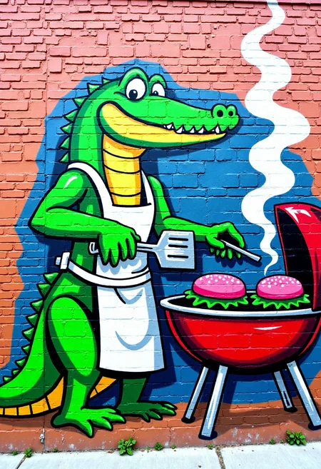 <lora:Brick_Wall_Graffiti_FLUX:1>
This is a vibrant, detailed photograph of a mural painted on a brick wall. The mural features a stylized, cartoonish depiction of  a crocodile man cooking hamburgers on a barbecue outside. He is wearing an apron and holding a metal spatula