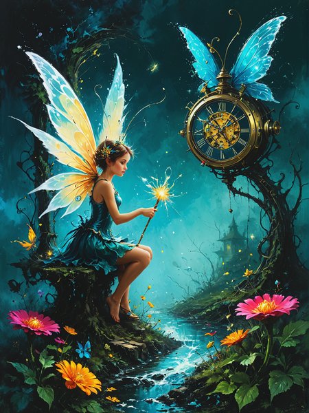 Time-keeping fairies tinker with reality's clockwork, ultra-fine digital painting, <lora:xl_more_art-full_v1:0.3>,  <lora:Desolation:0.6> <lora:gorgoeus_splash_of_vibrant_paint:0.7> Gorgeous splash of vibrant paint