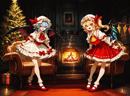 2girls, flandre_scarlet ,remilia_scarlet, ascot, back_bow, bat_wings, black_wings, blue_hair ,bobby_socks ,bow, bow_legwear, center_frills ,crystal,crystal_wings, fang, fingernails ,frilled_cuffs, frilled_shirt_collar, frilled_skirt ,frilled_sleeves, frilled_socks, frills, hat ,hat_bow ,long_hair,looking_at_viewer , mary_janes, mob_cap ,multiple_girls ,open_mouth, puffy_short_sleeves, puffy_sleeves, red_bow, red_eyes ,red_footwear, red_moon ,red_nails ,red_ribbon ,red_skirt, red_vest, ribbon, ribbon-trimmed_skirt ,ribbon_trim, sharp_fingernails ,shirt ,shoes, short_hair, short_sleeves, siblings, side_ponytail ,sisters, skirt ,skirt_set ,sleeve_ribbon ,smile, socks ,vest,white_bow ,white_hat ,white_shirt ,white_skirt, white_socks ,wings ,wrist_cuffs ,yellow_ascot,
chrlib, scenery, indoors, living room, night, oven, christmas tree, christmas ornaments, red carpet,
, Fishine,ireading ,noya_makoto ,quasarcake, retro_artstyle, retro,looking_at_viewer ,
masterpiece, best quality, amazing quality, very aesthetic, absurdres,  newest, <lora:ponyv5_noobE11_1_adamW:0.6>, <lora:add-detail-xl:0.5>, <lora:cfg_scale_boost:0.5>, <lora:retro_scifi_artstyle:0.6>, <lora:USNR STYLE_XL_loha:0.6>, <lora:Christmas living room:0.6>