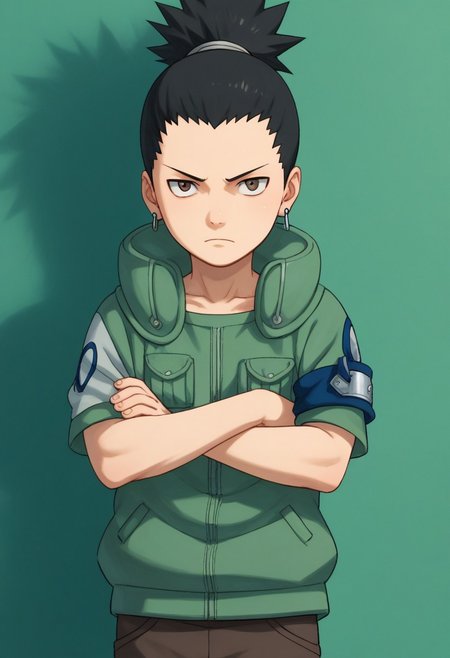 score_9, score_8_up, score_7_up, highly detailed, cute boy, 1boy, solo, young, Shikamaru_Nara, Brown Eyes, Black Hair, Ponytail, Earrings, Flak Jacket, Armband, Brown Pants, Arms crossed,
