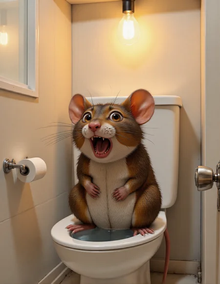 <lora:funnys:1>, A photorealistic anthropomorphic mouse sitting on a porcelain toilet in a small, modern bathroom, rendered with meticulous attention to detail. The mouse is mid-action, clearly in the process of defecating, with its posture and expression conveying both effort and focus. Its small paws grip the edges of the toilet seat tightly, knees slightly raised, and tail curling downward behind it, adding anatomical clarity to the situation. The pose is natural yet exaggerated enough to emphasize the comedic tension of the moment., 
The mouse's fur is incredibly lifelike, featuring individual strands that vary in length, thickness, and direction, creating a soft, tactile appearance. Subtle color variationsârich browns, warm grays, and hints of cream around the belly and cheeksâadd depth and realism. Fine shading and highlights emphasize the texture, making the fur look almost touchable. Tiny imperfections, such as slightly uneven patches or stray hairs sticking out at odd angles, enhance the authenticity., 
The mouse's eyes are wide and bulging dramatically due to the strain, capturing an intense mix of effort and panic. The irises are richly detailed, with intricate patterns resembling real rodent eyesâdark centers fading into lighter rings near the edges. Reflective glints of light from the bathroom lighting create a wet, glossy sheen, giving them a hyper-realistic appearance. Veins are faintly visible in the whites of its eyes, adding to the tension-filled expression., 
Its whiskers are long, delicate, and slightly curved, catching the light in a way that makes them shimmer subtly. Each whisker is distinct, tapering finely at the ends, and they quiver backward ever so slightly due to the mouse's strained posture, conveying both tension and vulnerability. Some whiskers have tiny bends or kinks, mimicking the natural irregularities found in real mice., 
The bathroom setting is richly detailed: crisp white tiles with faint grout lines, a shiny chrome toilet paper holder with a partially used roll, and a small sink reflecting soft ambient light. Above the scene, a bare light bulb hangs from the ceiling on a thin black cord, casting a warm, golden glow over the room. The bulb is slightly tilted, with visible filaments inside, and the cord sways gently as if disturbed by a recent movement. The light creates soft shadows on the walls and floor, adding depth and dimension to the space. A glowing window lets in diffused daylight, complementing the artificial light and highlighting the mouseâs fur and whiskers with gentle backlighting., 
To make the action clear, subtle visual cues are included: a faint mist rising from the water in the toilet bowl, and the mouseâs tail positioned slightly away from its body, indicating the ongoing process. The composition focuses on the mouse as the central subject while maintaining balance with the environment. Cinematic lighting enhances the textures of the scene, emphasizing the contrast between the smooth porcelain and the mouseâs velvety fur., 
Style: Photorealistic with cinematic lighting, vibrant yet natural colors, and meticulous attention to every detail, especially the fur, eyes, whiskers, and environmental elements. The overall mood balances humor and relatability, creating a whimsical yet grounded depiction of this absurd yet endearing moment.