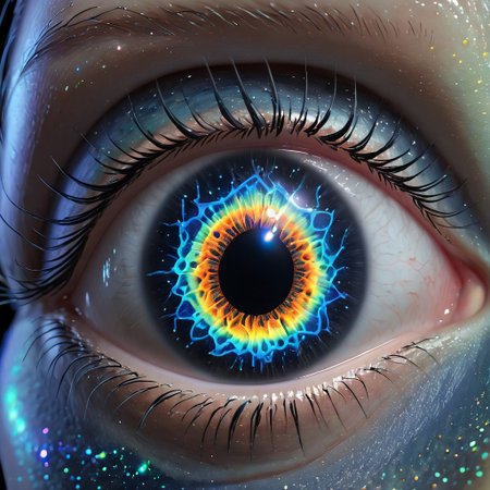 biolumen, detailed eye, iris, cornea, pupil, art, ,universe,luminous human eye, galaxy, night sky, BL4CK3STBL4CK, black_theme, matte_color, flat color