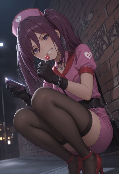 masterpiece,best quality,absurdres,highres,very aesthetic,high quality,detailed,insanely detailed,beautiful,perfect lighting, ,depth of field,blurry background,bokeh, looking at viewer, 
grin, squatting, brick wall, close up, from below, holding, phone, looking at viewer, lollipop, 1girl, solo,graffiti, night, darkness, head tilt,
very aesthetic, , very awa  ,    <lora:Mitori Kouzaku illu V2:1> 1girl, twintails, purple hair, long hair, hair between eyes, purple eyes, hat, nurse cap, black gloves, jewelry, bracelet, dress, belt, short sleeves, black thighhighs, zettai ryouiki, high heels, handbag,