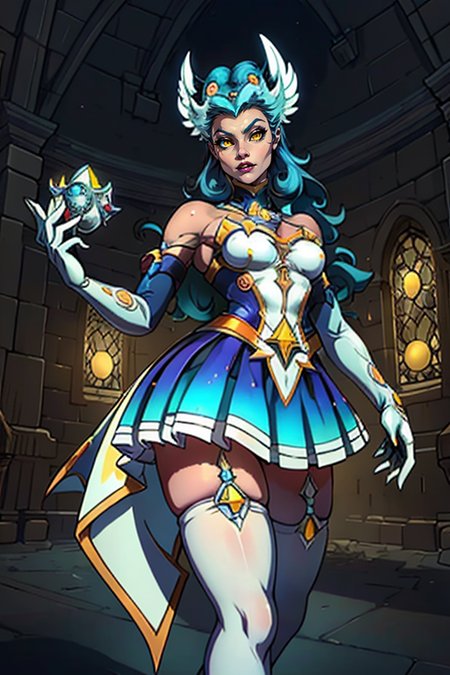 masterpiece,best quality,extreme detail,8k,image sharpness,<lora:lilith-10:0.8>,lilith2,1girl,solo,long hair,breasts,bangs,skirt,thighhighs,gloves,dress,bare shoulders,medium breasts,blue hair,yellow eyes,elbow gloves,indoors,white gloves,high heels,white thighhighs,zettai ryouiki,star guardian (league of legends),